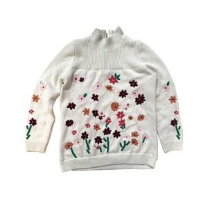 Talbots Sweater Womens Large White Mock Neck Colorful Floral Embroidered Cottage